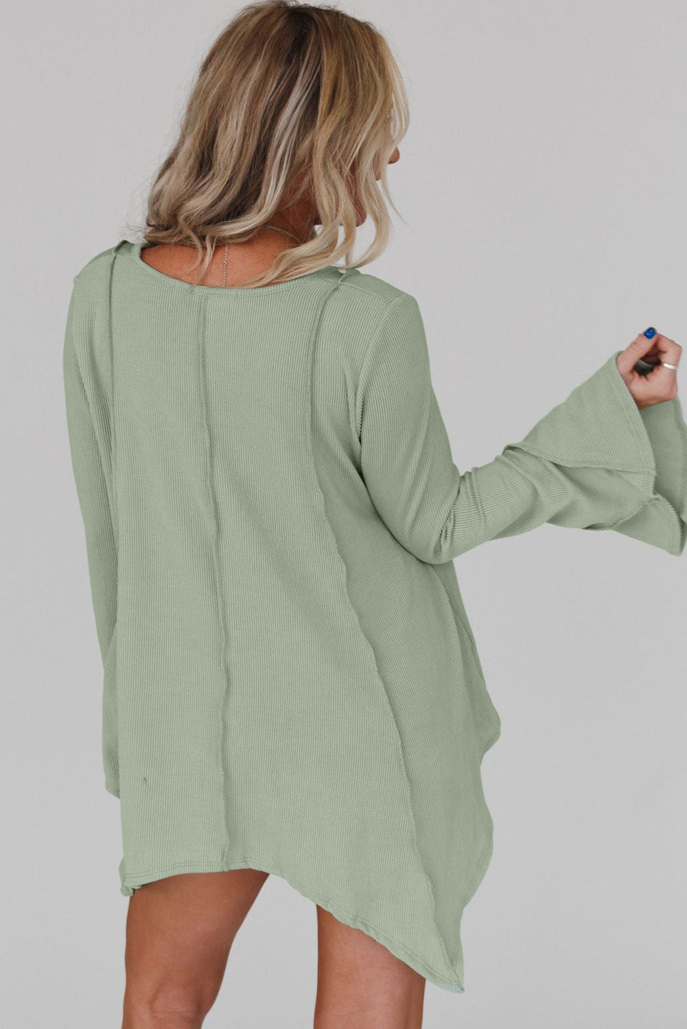 Green Ribbed Expose Seam Bell Sleeve Top