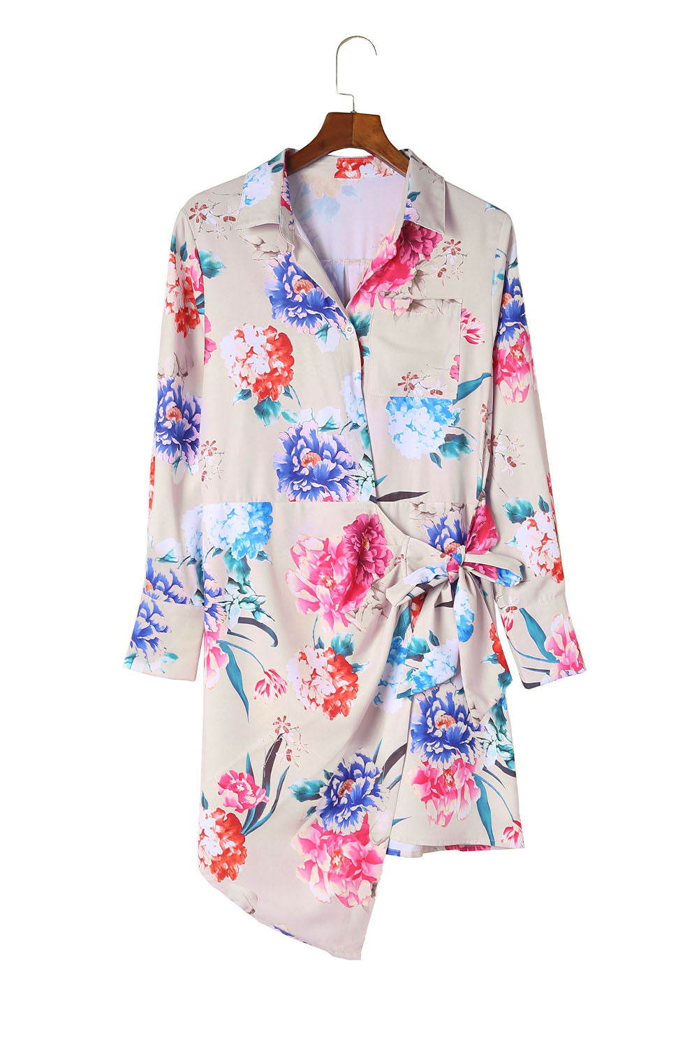 Multicolor Floral Print Wrap Tie Mini Shirt Dress