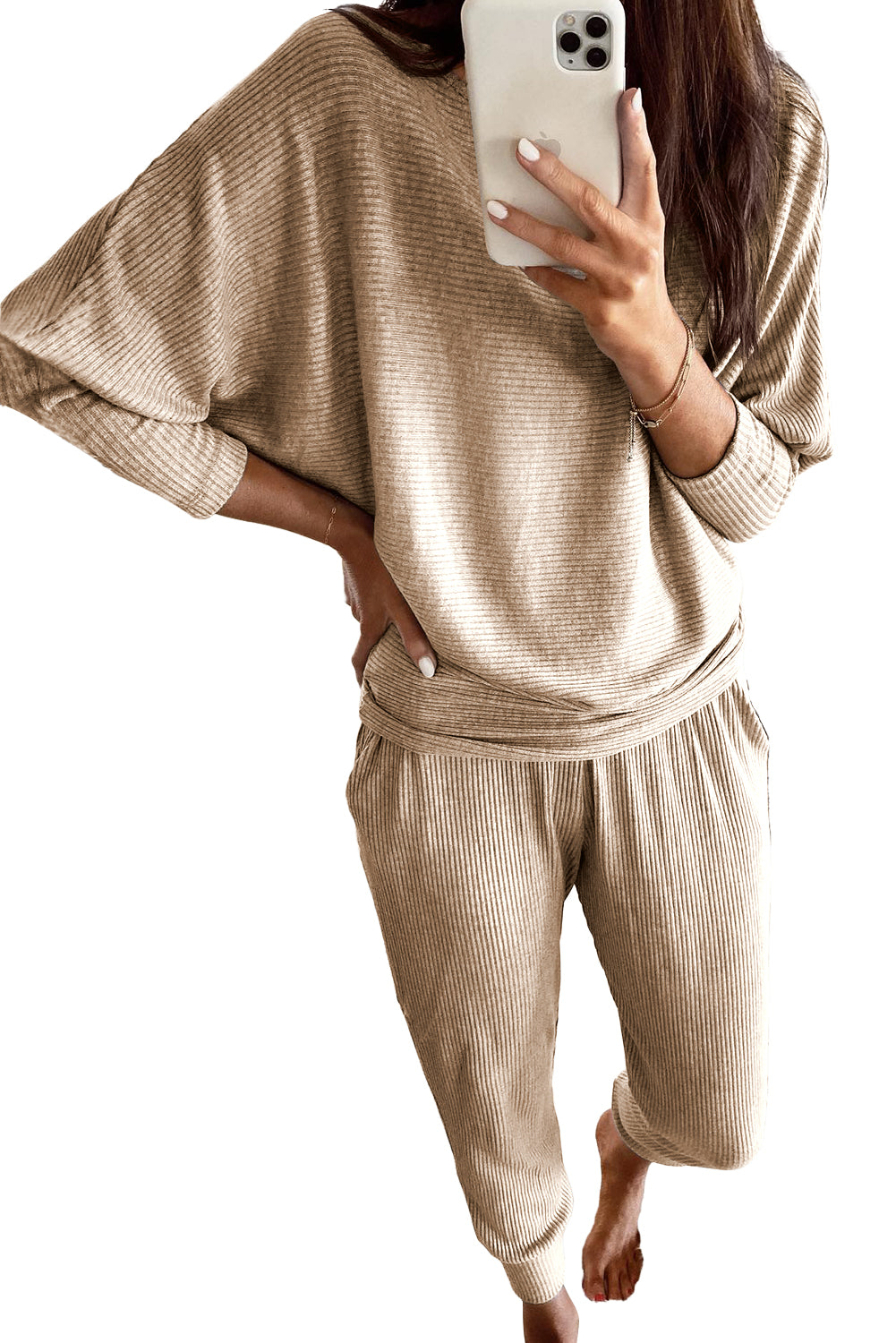 Parchment Ribbed Dolman Sleeve Top and Pocketed Pants Set Womens Fashion