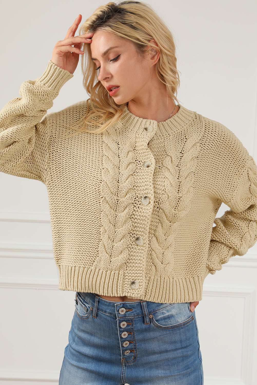 Fashion Open Sweater Apricot Cable Knit Buttoned Cardigan