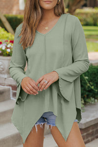 Green Ribbed Expose Seam Bell Sleeve Top