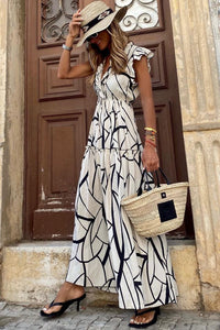 Womens Fashion Casual Long Dresses White Abstract Vein Print V Neck Ruffle Maxi Dress