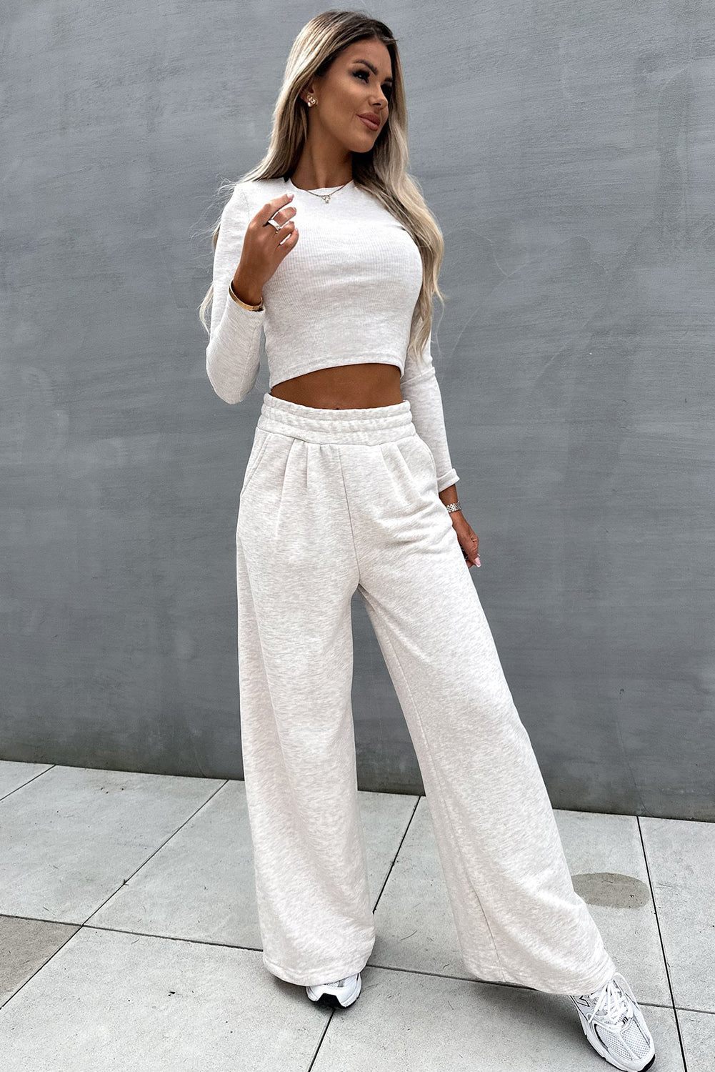 Beige Crop Top and Wide Leg Pants Two Piece  Outfit Set Womens Fashion