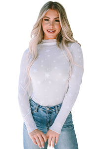 White Star Embellished Sheer Mesh Long Sleeve Top