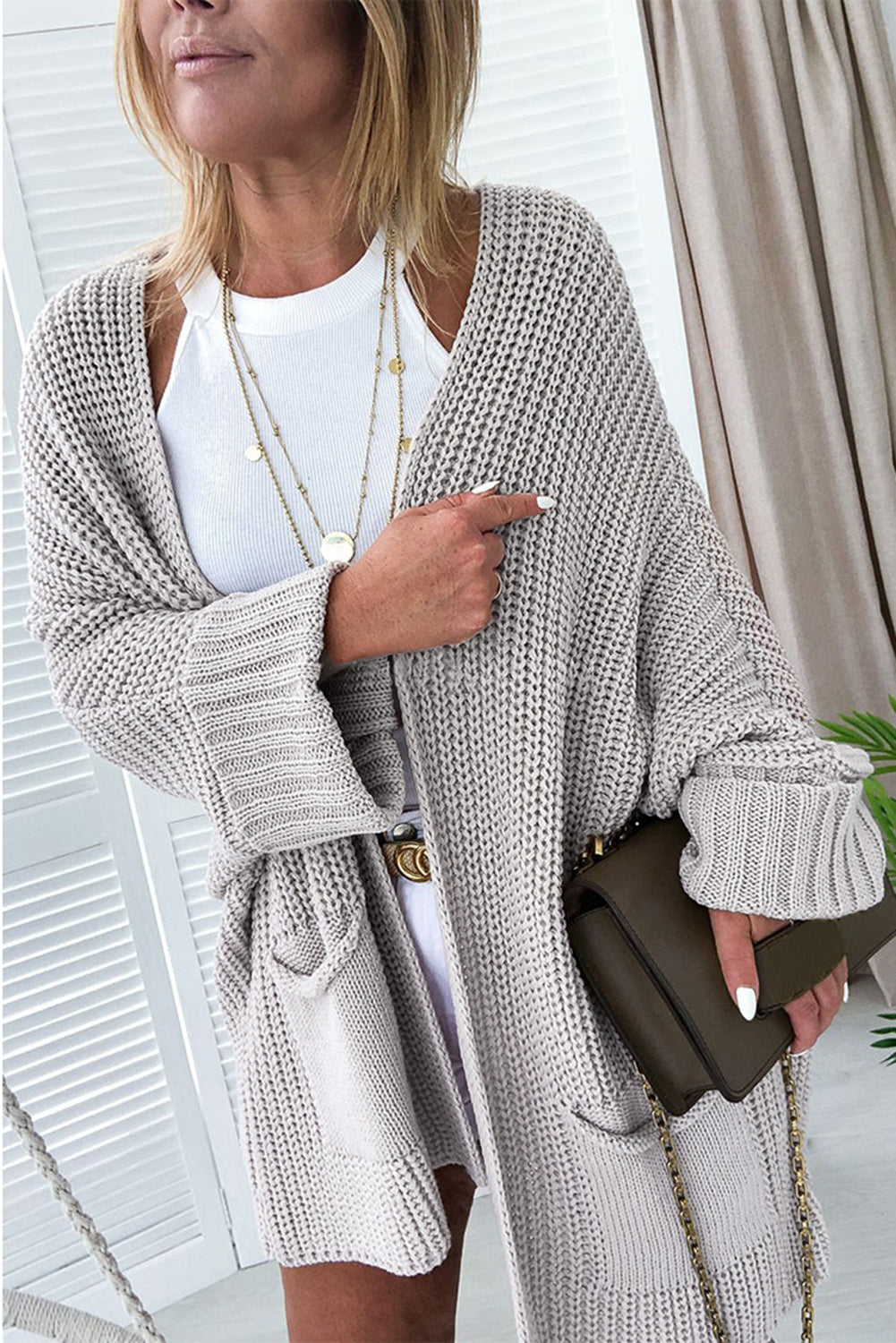 Grey Oversized  Open Sweater Fold Over Sleeve Sweater Cardigan