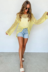 Yellow Open Knit Crochet Bell Sleeve Tunic Sweater Top