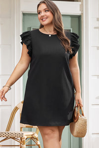 Casual Black Ruffled Sleeve Rib Textured Plus Size Shift Dress