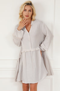 Apricot Frill Trim Half Buttoned Textured Casual Long Sleeve Dress