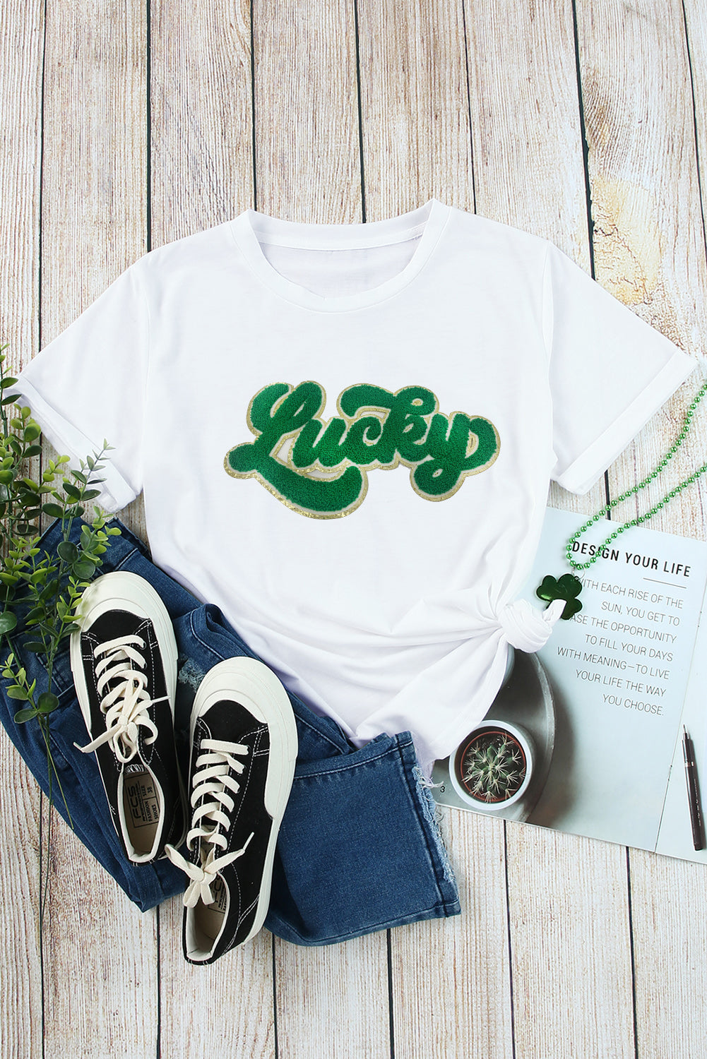 White St. Patrick Day Shirt Lucky Chenille Glitter Patched Graphic T Shirt