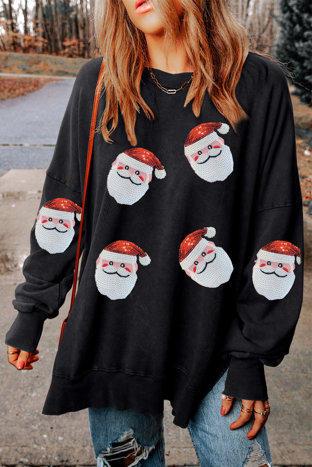 Sequin Santa Round Neck Slit  Christmas Fashion Sweater Sweatshirt