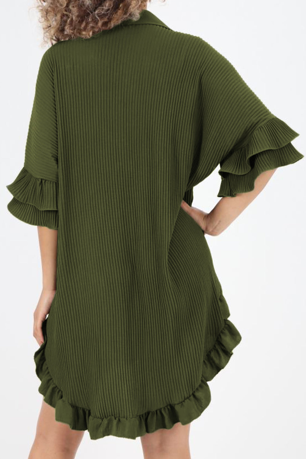 Women's Olive Green Button Down Long Blouse Moss Green High-low Hem Ruffle Sleeve Pleated Shirt Dress