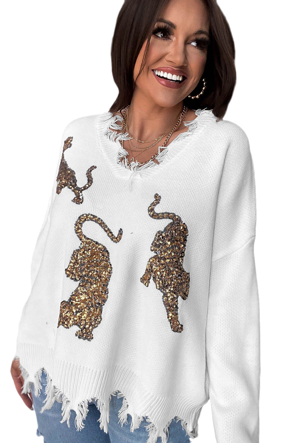 White Frayed Sequin Tiger Sweater Womens Fashion Long Sleeve Top