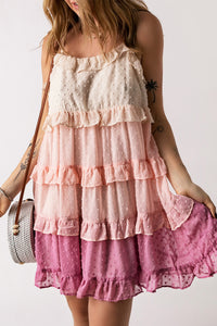 Women’s Short Pink Ruffle Dress Casual Ombre Swiss Dot Ruffled Spaghetti Sleeve Tiered Mini Sundress