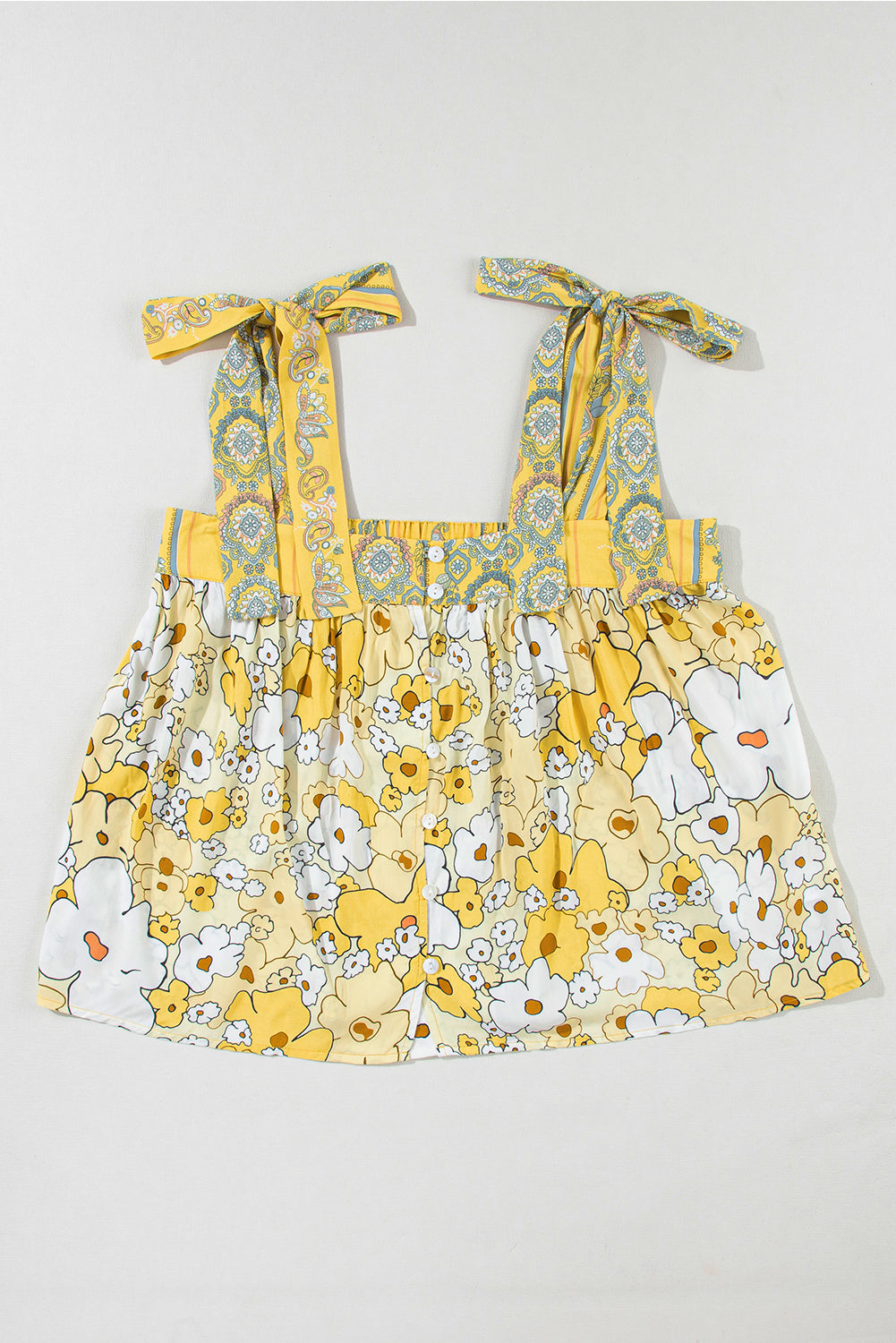 Yellow Floral Patchwork Sleeveless Shirt Women's Tied Straps Buttoned Tank Top