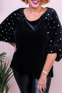 Black Pearl Embellished Puff Sleeve Velvet Plus Size Top