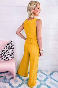 Yellow Crinkled U Neck Tank Top and Wide Leg Pants Set