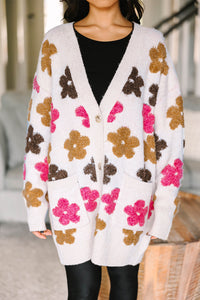 White Flower Pattern Pocket Buttoned Cardigan Sweater