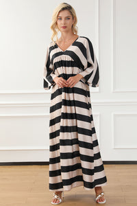 Black V Neck Kimono Sleeve Black and White Striped Maxi Long Dress