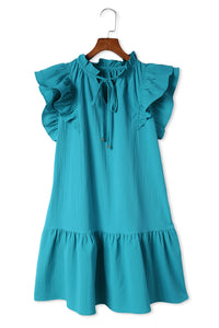 Mini Dress with Pockets Short Sleeve Green Tiered Ruffled Sleeves