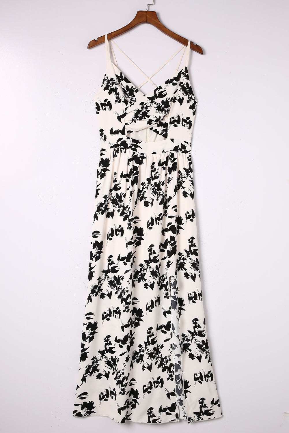 Womens Casual Long Dress White and Black Crossover Hollow-out Maxi Floral Dresses with Slit