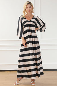 Black V Neck Kimono Sleeve Black and White Striped Maxi Long Dress