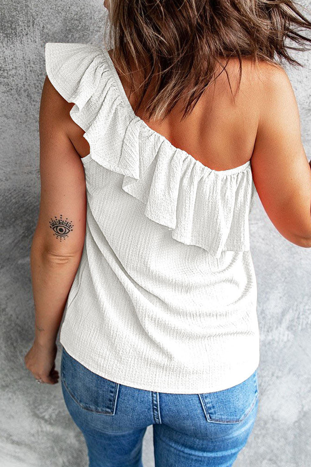 Women’s Off The Shoulder Top White Ruffle One Shoulder Crinkle Tank