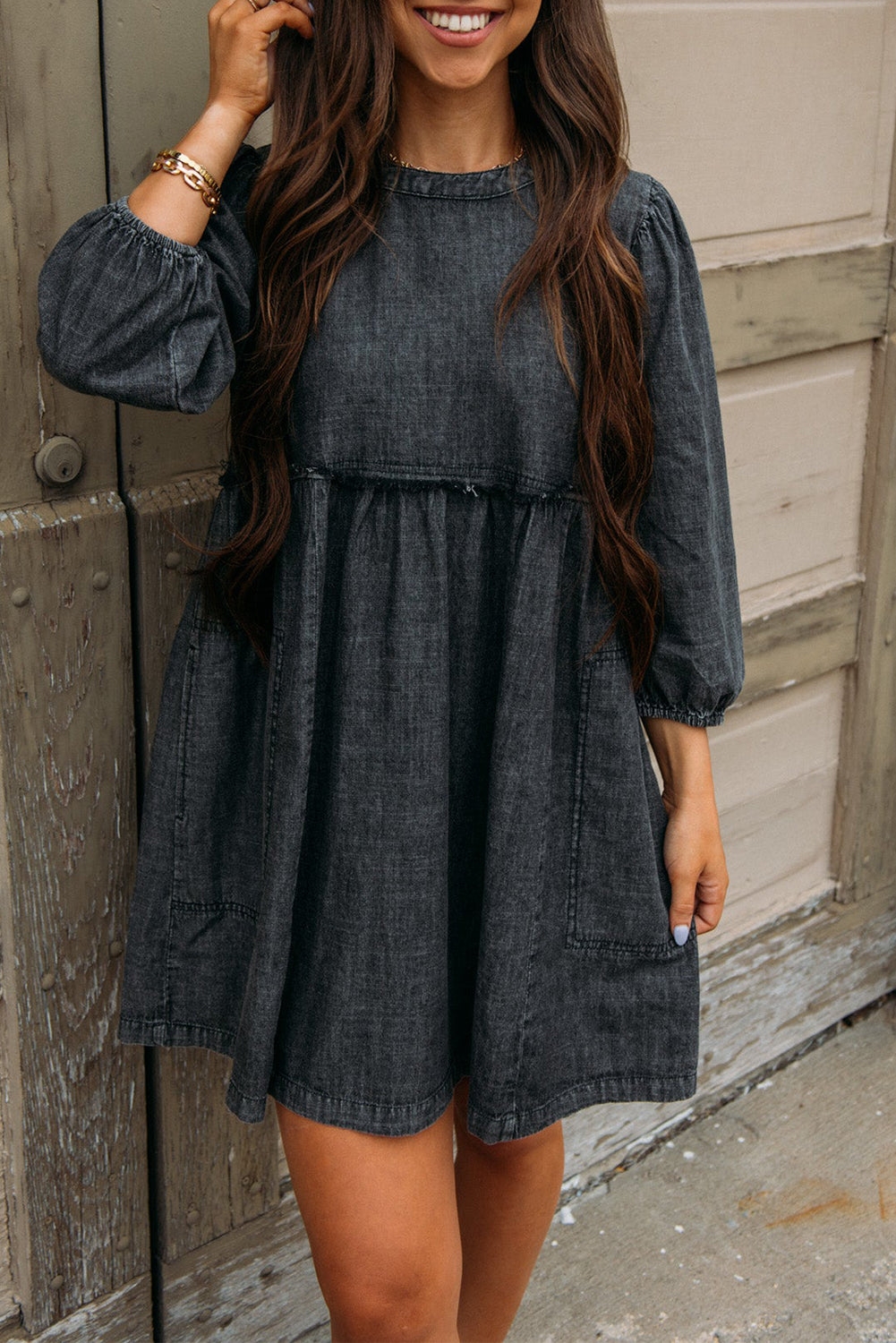 Women’s Long Sleeve Babydoll Black Balloon Sleeve High Waist Denim Dress