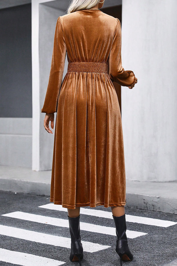 Camel Wrap V Neck Smocked High Waist Long Sleeve Velvet Midi Dress