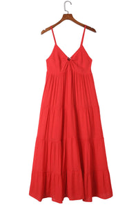 Women’s Red Dress O-ring Top Smocked Back Spaghetti Straps Ruffle Tiered Maxi Dress