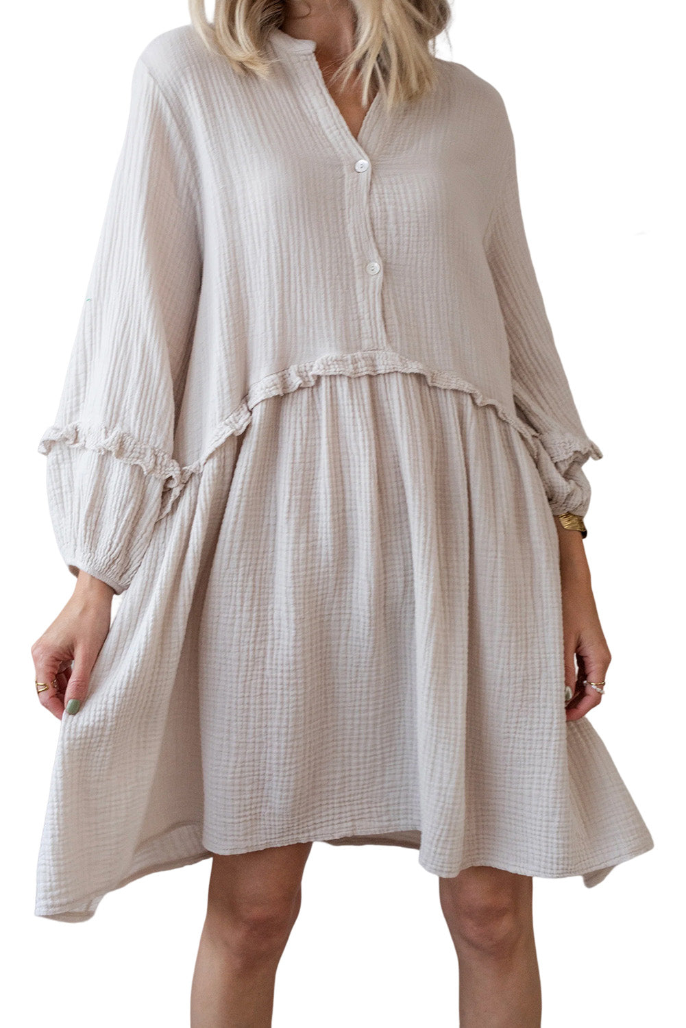 Apricot Frill Trim Half Buttoned Textured Casual Long Sleeve Dress