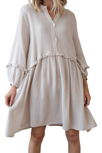 Apricot Frill Trim Half Buttoned Textured Casual Long Sleeve Dress