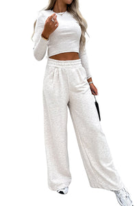 Beige Crop Top and Wide Leg Pants Two Piece  Outfit Set Womens Fashion