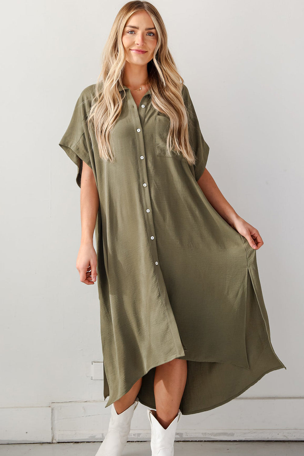 Olive Green Shirt Dress Jungle Green Loose High Low Side Slits Short Sleeve T Shirt Maxi