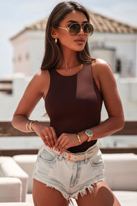 Women's Fashion Bodysuit Brown Solid Crew Neck Sleeveless Tight Shirt Top