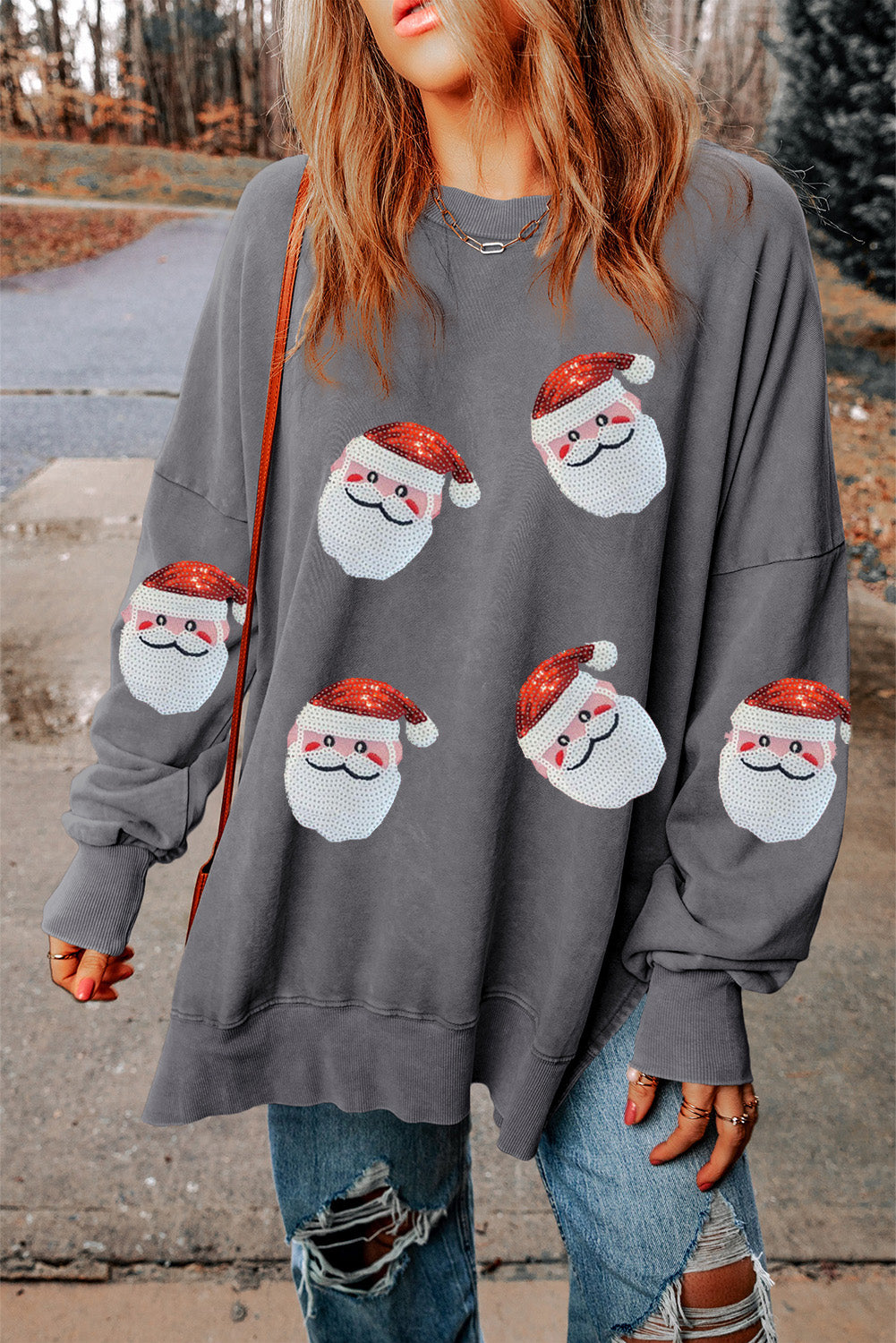 Sequin Santa Round Neck Slit  Christmas Fashion Sweater Sweatshirt