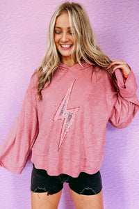 Womens Long Sleeve Shirt With Hood Pink Thunder Bolt Sequin Oversized Hoodie