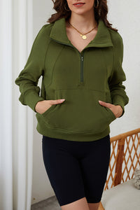 Green Zip Up Stand Collar Ribbed Thumbhole Sleeve Sweatshirt