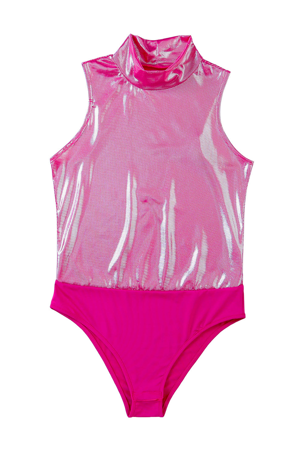 Womens Pink Bodysuit Glitter High Neck Sleeveless Tight Shirt Top