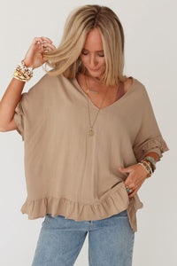 Women's Khaki Baggy Shirt with Ruffles Light French Beige Loose Ruffled V Neck Blouse