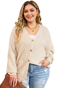 Fashion Open Sweater Apricot Plus Size Knitted Hollow out Button up Cardigan