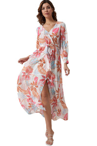 Tropical Plant Print Long Sleeve Wrap V-Neck Slit Maxi Dress