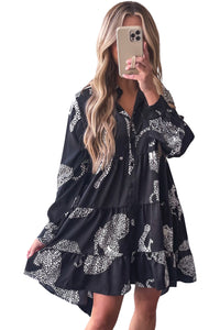 Women’s Fashion Black Leopard Print Button-up Long Sleeve Casual  Dress