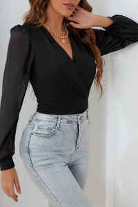 Black Solid Color V Neck Wrap Mesh Sleeves Long Sleeve Shirt, Bodysuit