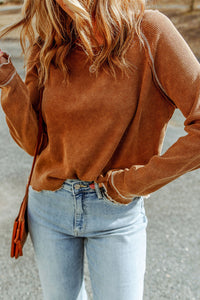 Brown Textured Round Neck Long Sleeve Top