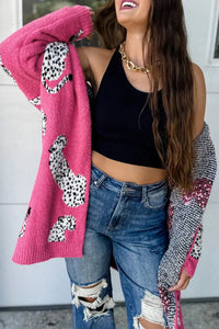 Rose Red Cheetah Pattern Open Front Knitted Fashion sweater Cardigan