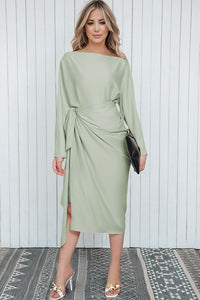 Green Satin Wrap Tie Side Boat Neck Long Sleeve Dress