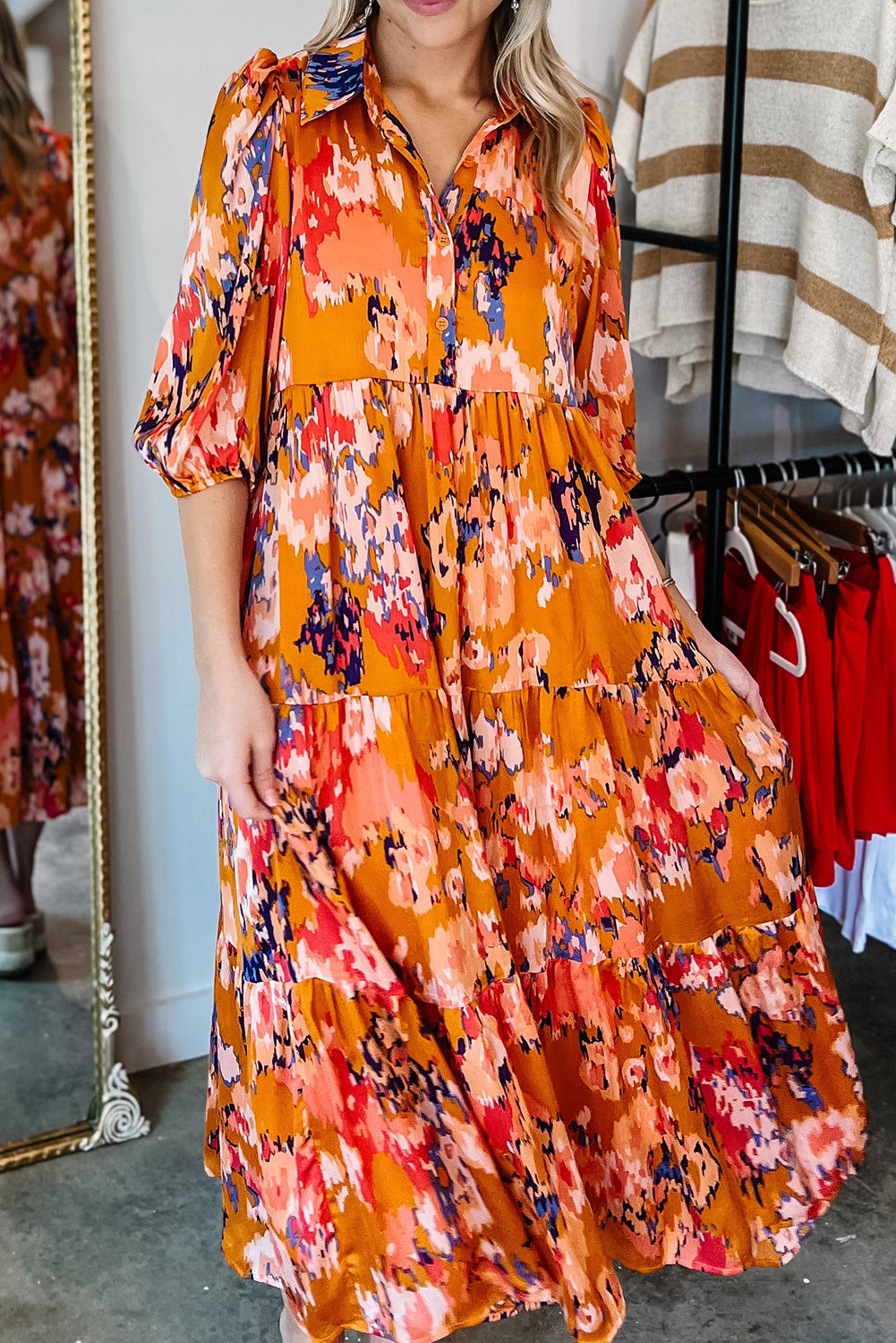 Orange Abstract Print Pleated Half Sleeve Buttoned Maxi Dress