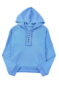 Sky Blue Fashion Sweater Casual Button Solid Patchwork Trim Sweatshirt Hoodie