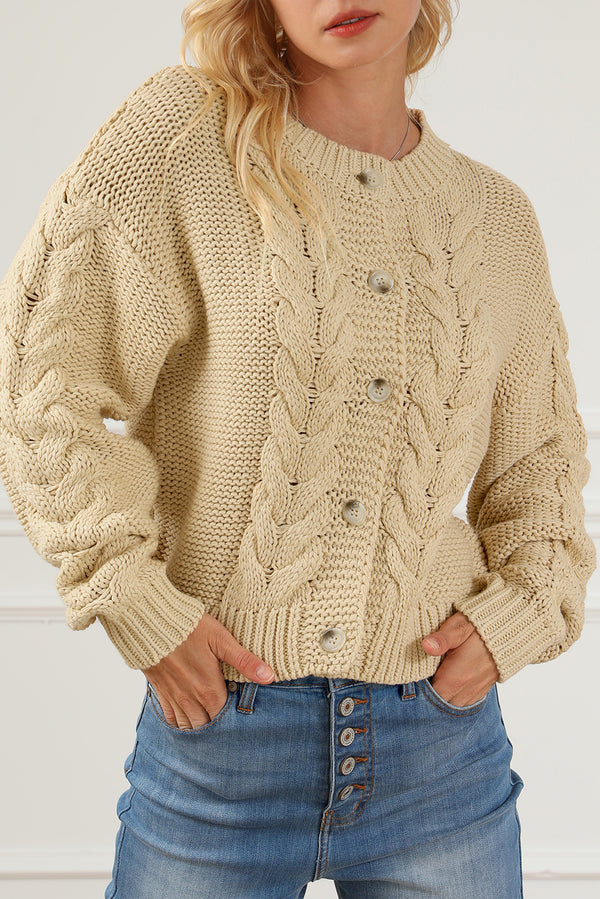 Fashion Open Sweater Apricot Cable Knit Buttoned Cardigan