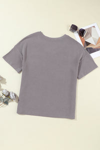 Light Grey Corded V Neck Chest Pocket Loose T-shirt